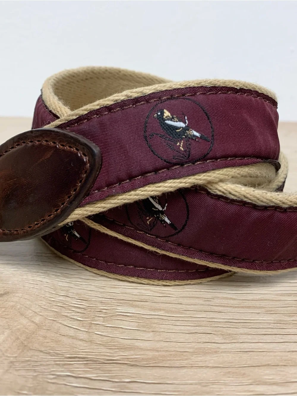 YRI Embroidered Canvas Ribbon Belt Maroon Birds Size 38/95 Mens Golf Preppy